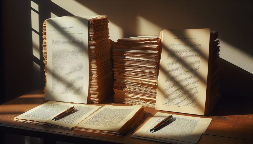 Dos pilas de manuscritos sobre escritorio: una académica con citas y bibliografía, otra literaria con páginas de novela — corrección ortográfica especializada por género textual