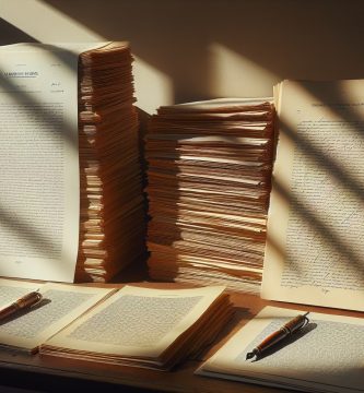 Dos pilas de manuscritos sobre escritorio: una académica con citas y bibliografía, otra literaria con páginas de novela — corrección ortográfica especializada por género textual