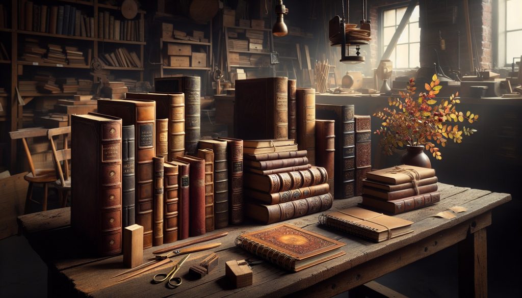 Diferentes tipos de encuadernación de libros lado a lado: tapa dura, blanda, espiral y cosido a mano sobre mesa de taller — tipos de encuadernación para libros JPHC