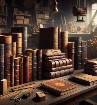 Diferentes tipos de encuadernación de libros lado a lado: tapa dura, blanda, espiral y cosido a mano sobre mesa de taller — tipos de encuadernación para libros JPHC