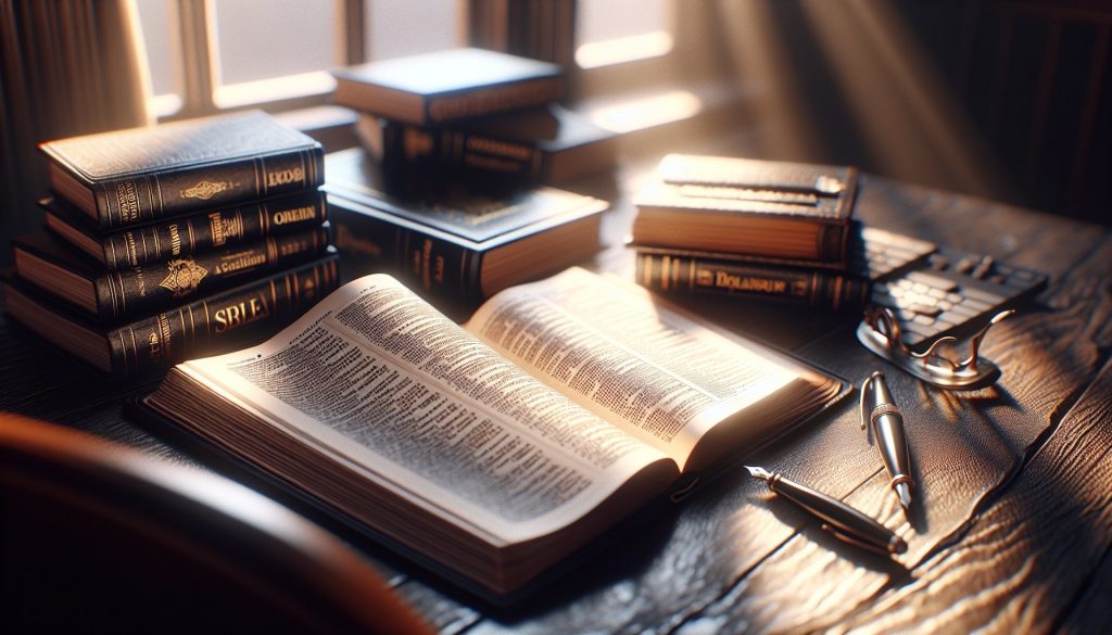 Mesa de traductor literario con dos libros en idiomas diferentes lado a lado, diccionarios y pluma sobre escritorio — traductor literario profesional JPHC