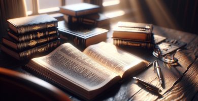 Mesa de traductor literario con dos libros en idiomas diferentes lado a lado, diccionarios y pluma sobre escritorio — traductor literario profesional JPHC