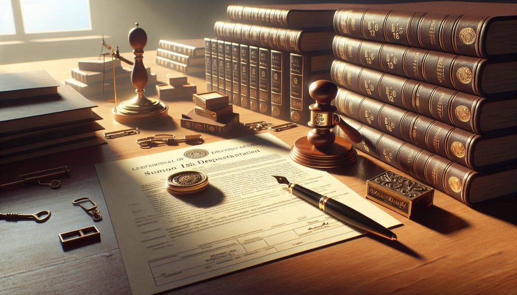 Pila de documentos oficiales con formulario de ISBN y depósito legal, sello latón vintage y pluma sobre escritorio — tramitar ISBN y depósito legal JPHC