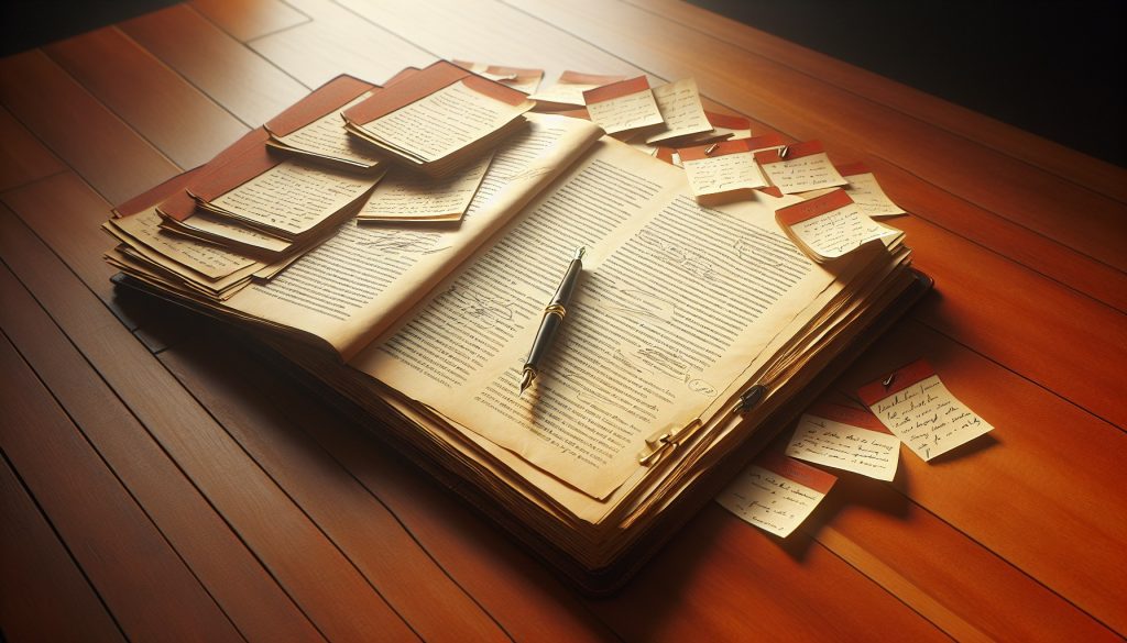 Manuscrito en evaluación con notas críticas literarias y libro abierto con anotaciones marginales junto a pluma — valoración literaria profesional JPHC