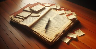 Manuscrito en evaluación con notas críticas literarias y libro abierto con anotaciones marginales junto a pluma — valoración literaria profesional JPHC