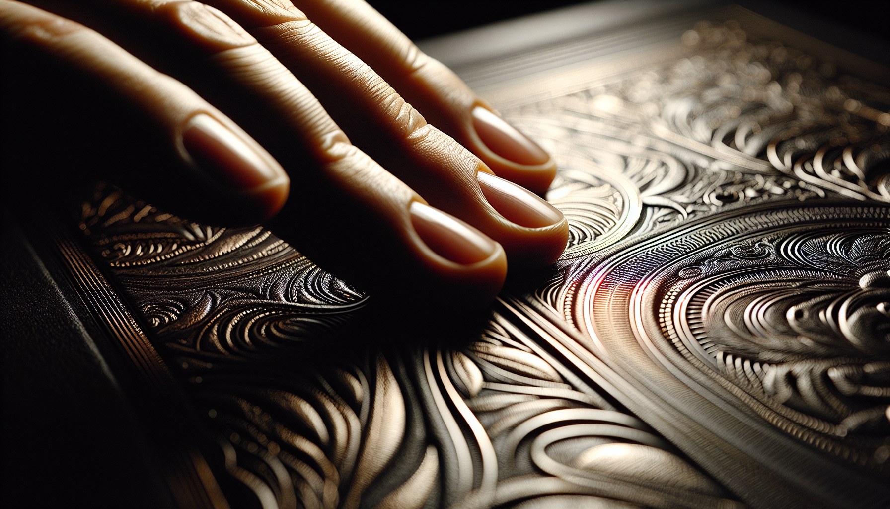 Mano tocando la superficie en relieve de portada de libro premium con detalles de foil dorado — acabados táctiles para libros JPHC