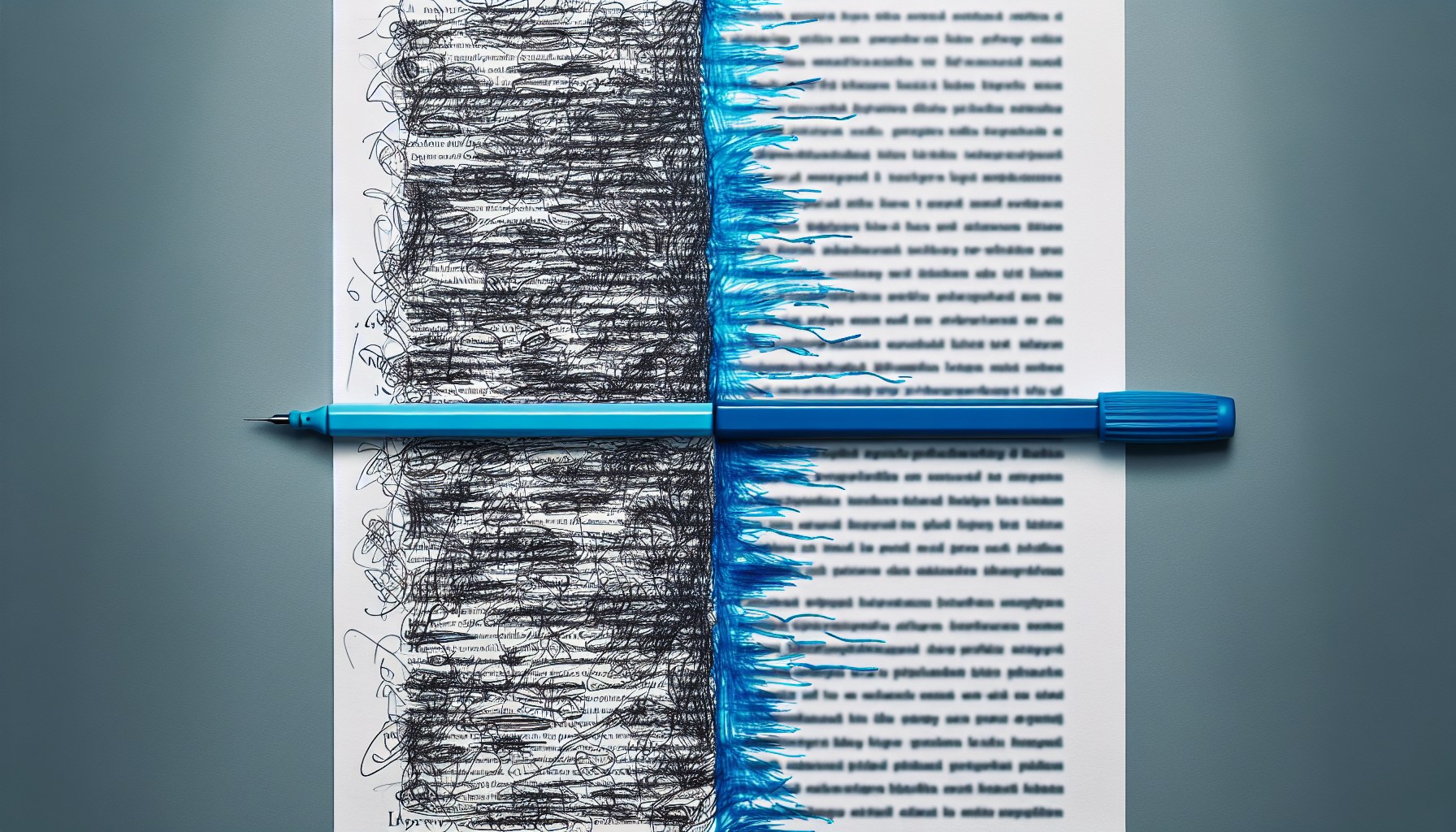 Comparación lado a lado de dos versiones de un párrafo: la superior densa, la inferior limpia y clara conectadas con tinta azul — claridad textual JPHC