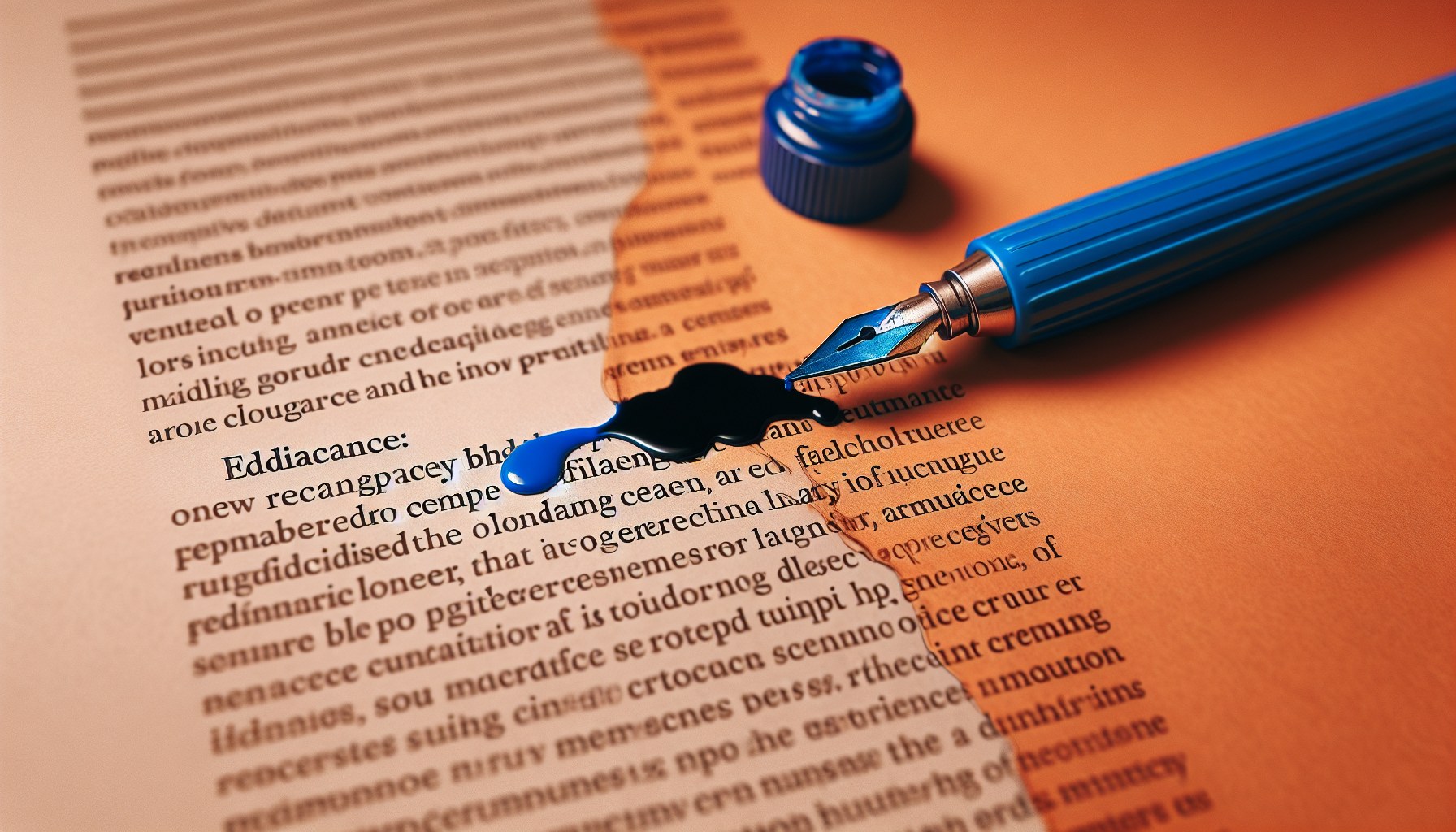 Comparación lado a lado de dos versiones de un párrafo: arriba con redundancias, abajo refinado con estilo más limpio, conectados con tinta azul — corrección de estilo profesional