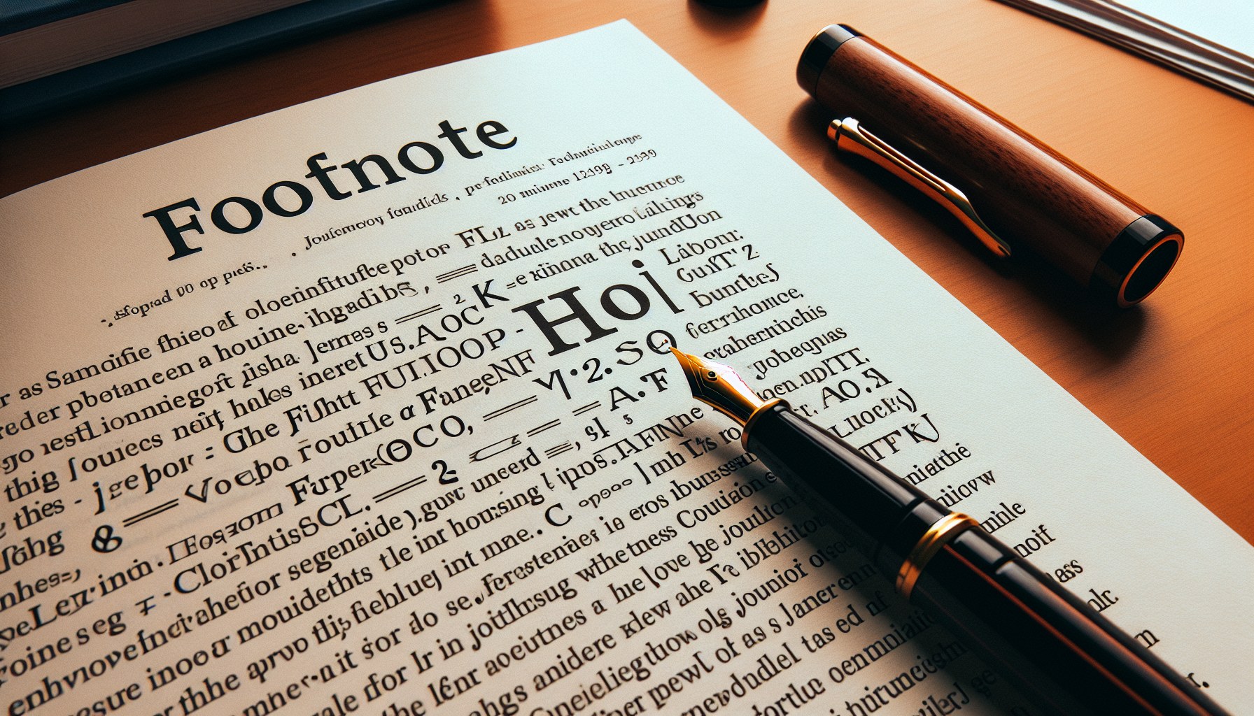 Páginas de artículo académico mostrando notas al pie, cursivas en nombres de revistas y formato de citas, pluma estilográfica encima — formato ortotipográfico académico