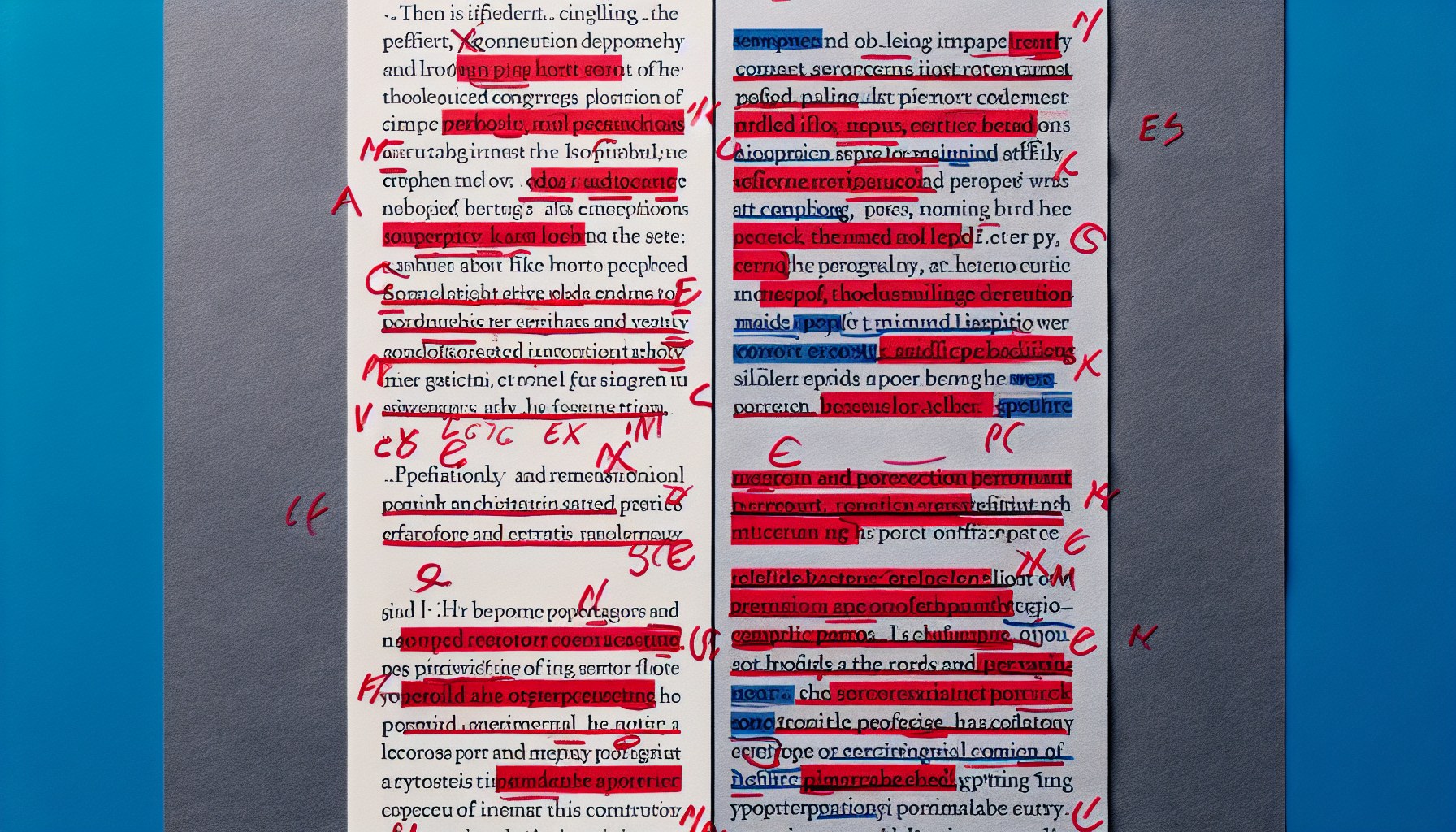 Mismo párrafo corregido dos veces lado a lado: arriba con correcciones ortográficas en rojo, abajo con correcciones ortotipográficas en azul — comparativa visual