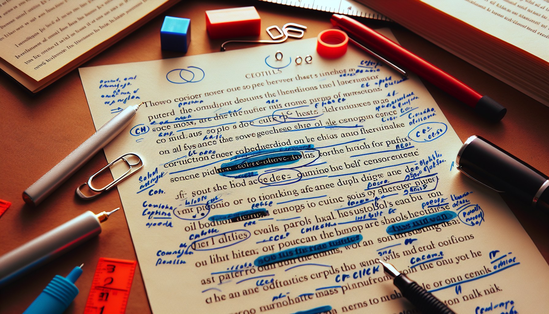 Detalle de página de manuscrito con marcas manuscritas en azul indicando correcciones ortotipográficas: cambios de cursiva, sustitución de guiones y ajustes de comas — corrección ortotipográfica profesional