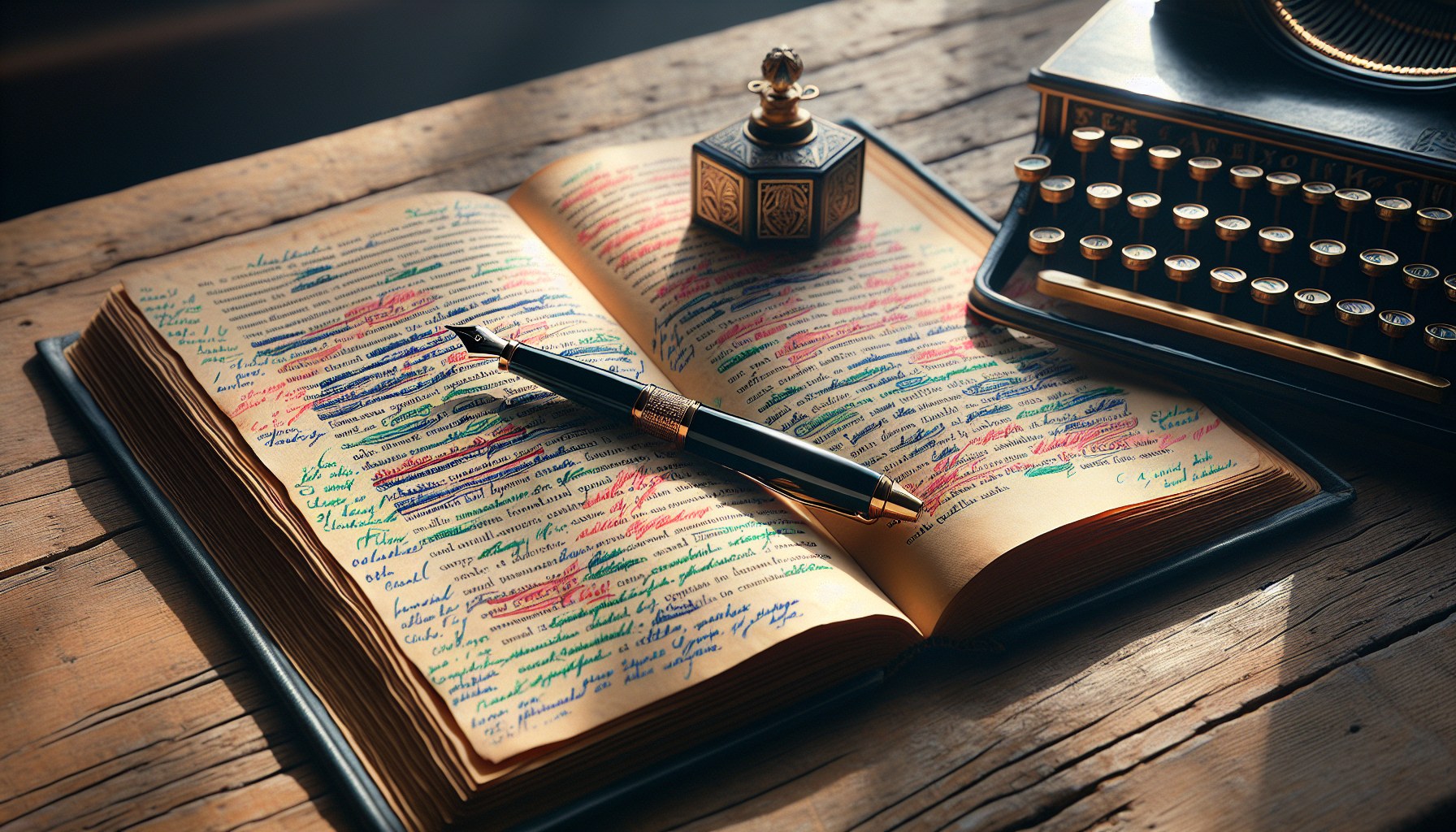 Páginas de manuscrito con correcciones en bolígrafos rojo, azul y verde marcando ortografía, estilo y estructura — proceso de revisión editorial integral