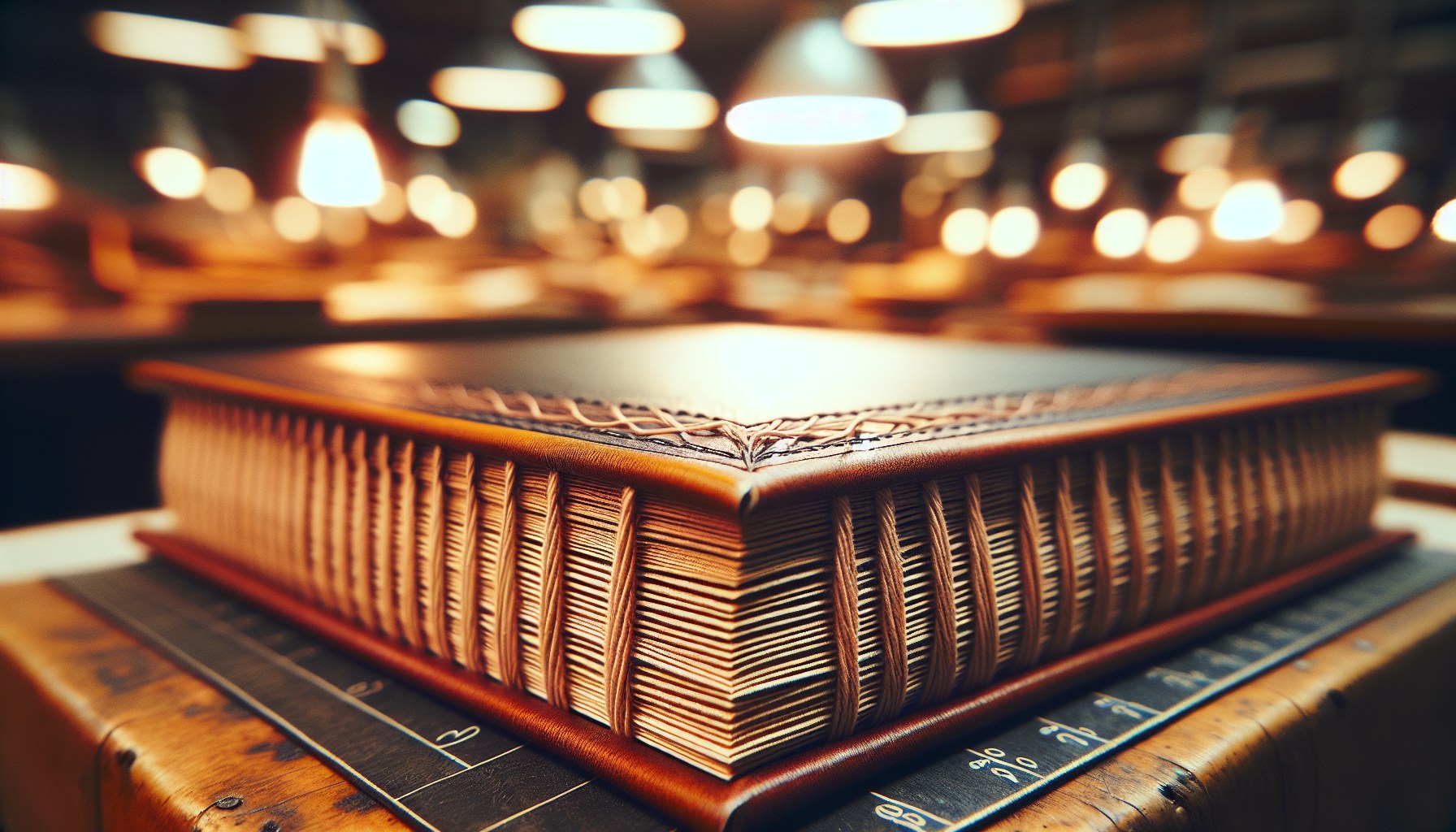Sección del lomo de un libro mostrando puntadas del cosido tradicional, hilos visibles, atmósfera de taller artesanal — encuadernación profesional JPHC