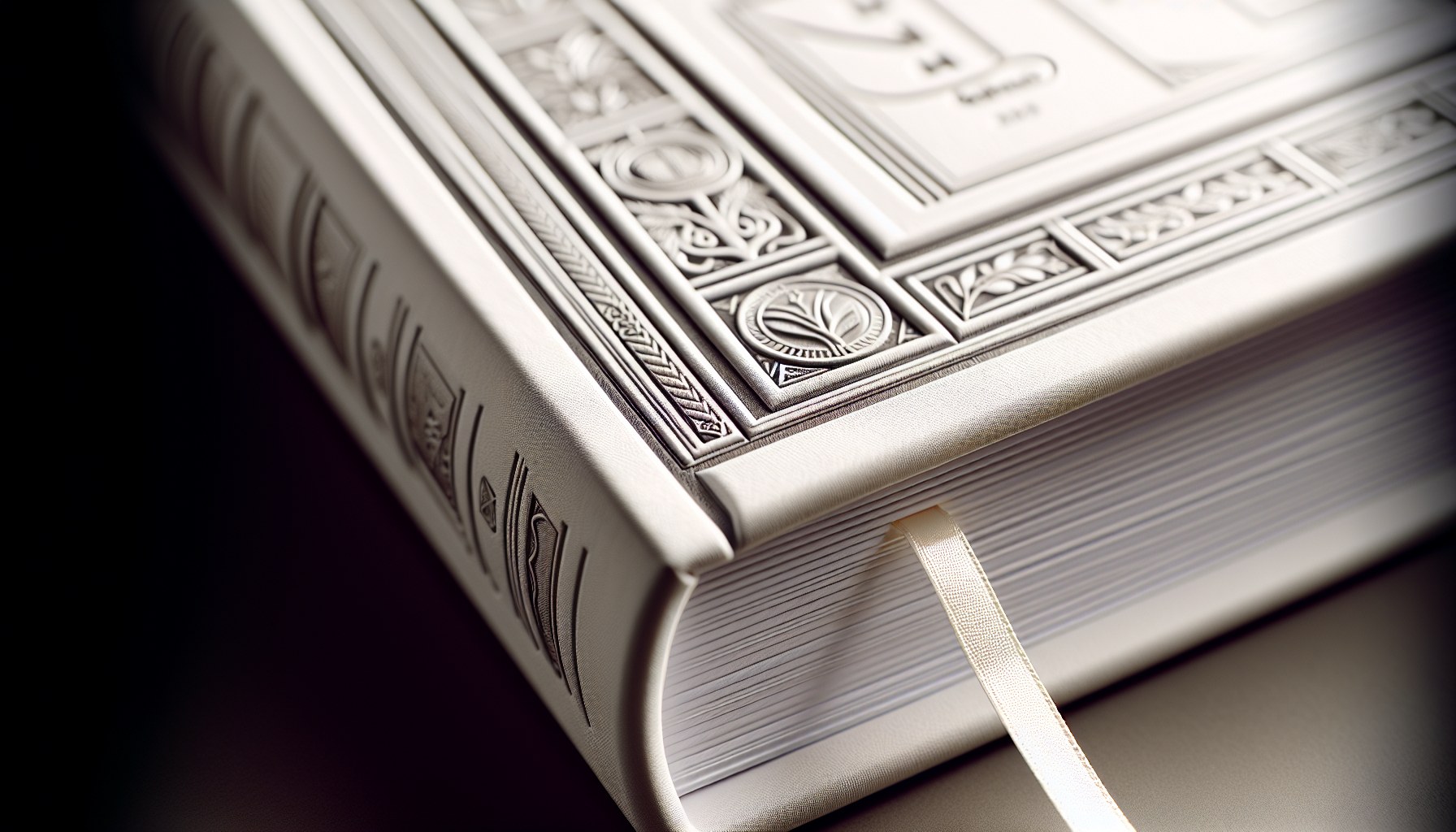 Detalle macro del lomo de un libro mostrando tipografía y elementos en relieve junto a marcapáginas — diseño profesional del lomo en libros editoriales