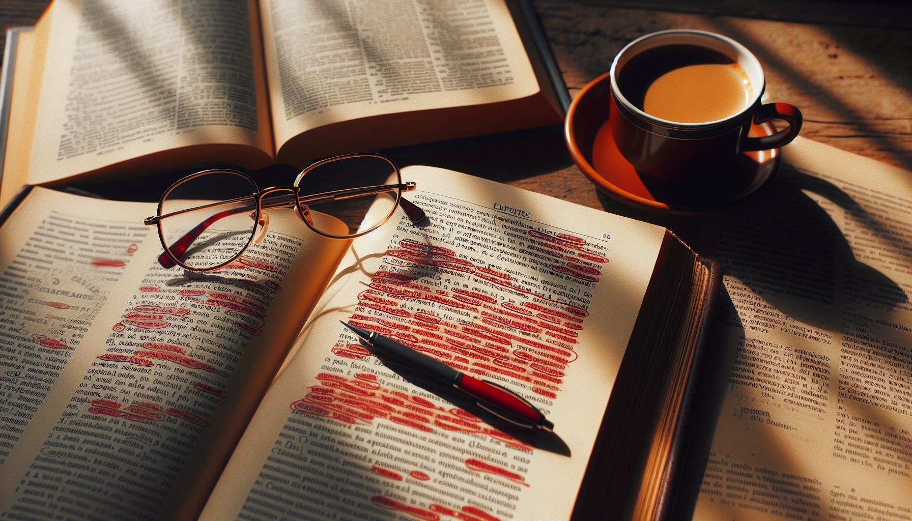 Diccionario español abierto sobre escritorio junto a manuscrito con correcciones ortográficas en rojo, gafas de lectura y taza de café — proceso de corrección ortográfica