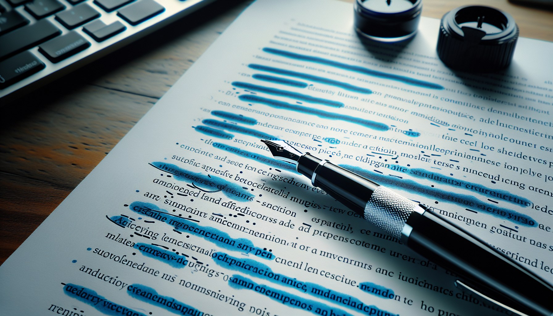 Páginas de documento técnico con marcas estructurales en azul y sugerencias de simplificación con pluma encima — edición técnica profesional JPHC