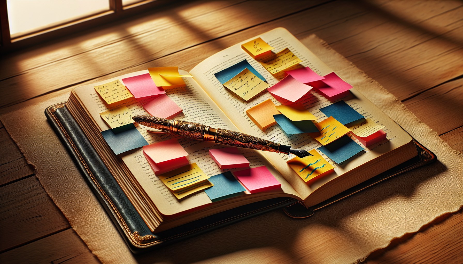 Libro abierto con post-its de colores marcando páginas para feedback de lectura beta sobre ritmo, personajes y trama — informe estructurado de lectores beta