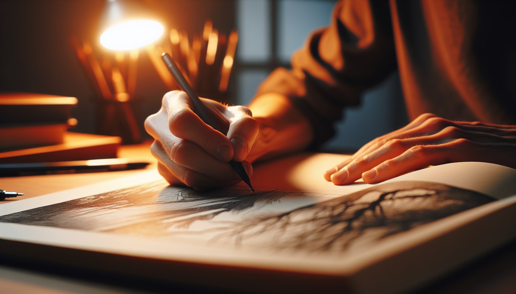 Manos de ilustrador trabajando una ilustración a pluma y tinta para libro, dibujo a medio terminar visible, luz cálida — proceso de ilustración editorial JPHC
