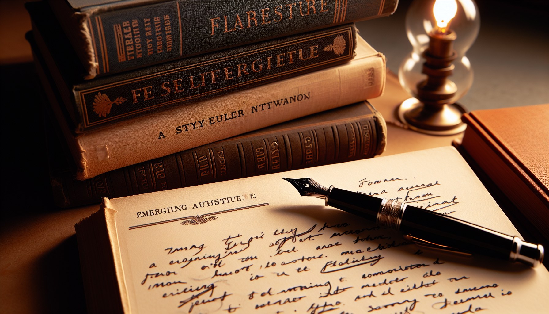 Pila de libros clásicos de literatura junto a manuscrito de autor novel con anotaciones de estilo — referencias para autores noveles JPHC