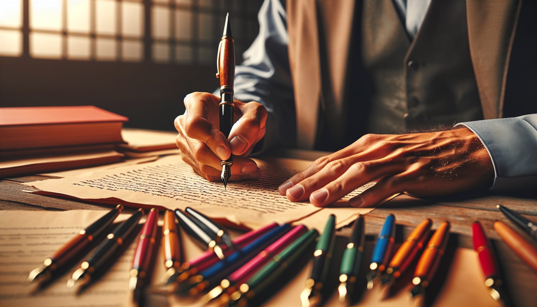 Manos de un corrector profesional sosteniendo pluma estilográfica y marcando un manuscrito con bolígrafos de varios colores — trabajo del corrector ortográfico humano JPHC