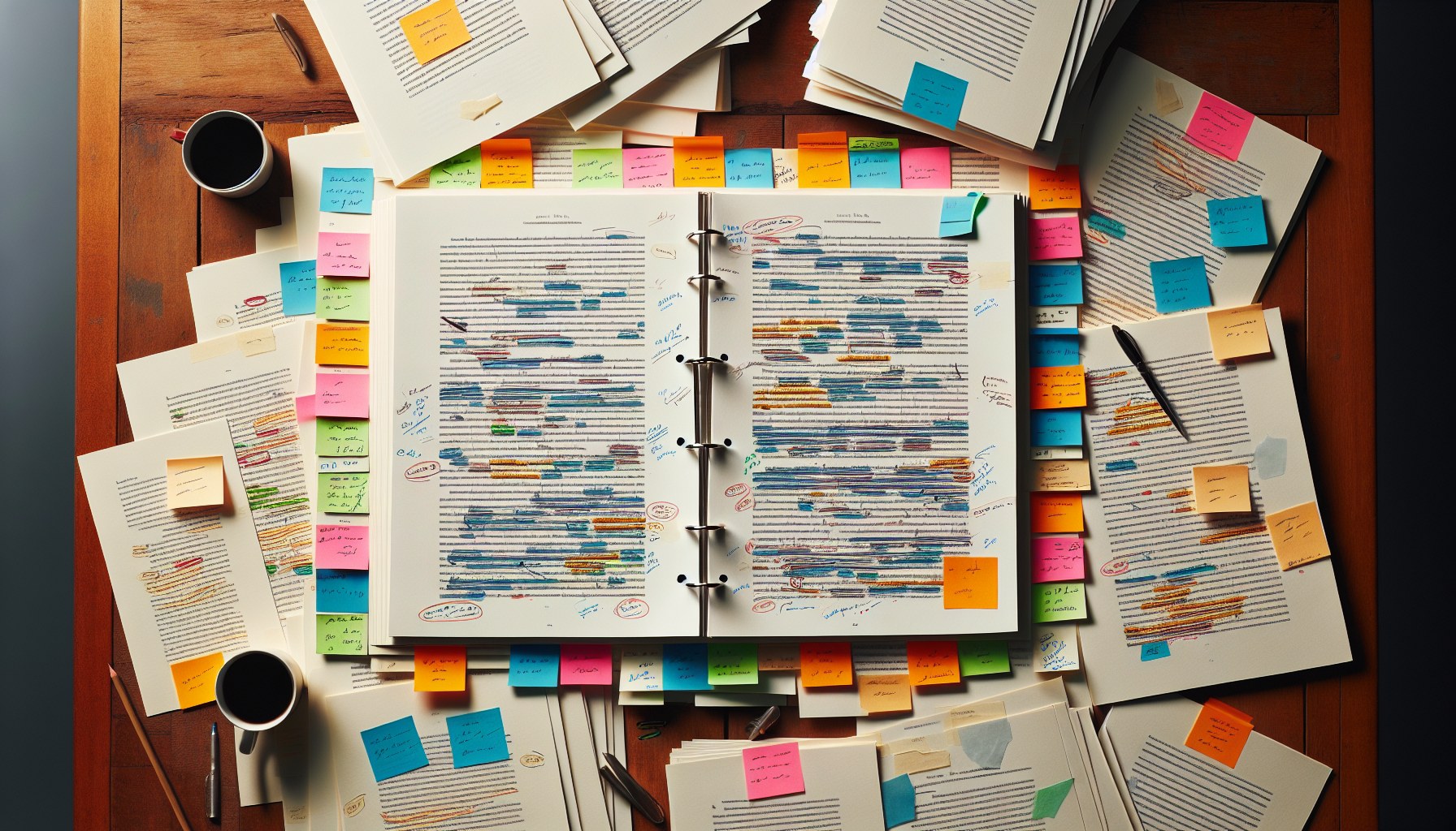 Vista cenital de un manuscrito completo con notas adhesivas de varios colores marcando capítulos y tipo de incidencias — flujo editorial JPHC