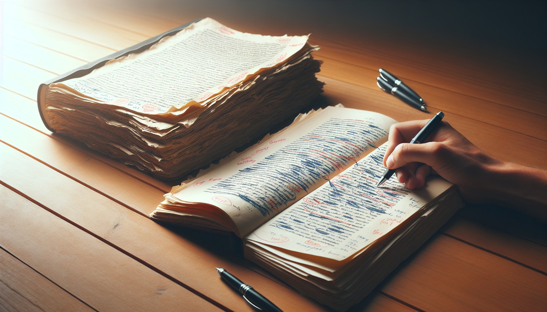 Manuscrito anotado con correcciones rojas junto al libro publicado terminado, comparación del antes y después de la corrección profesional para autores autoeditados