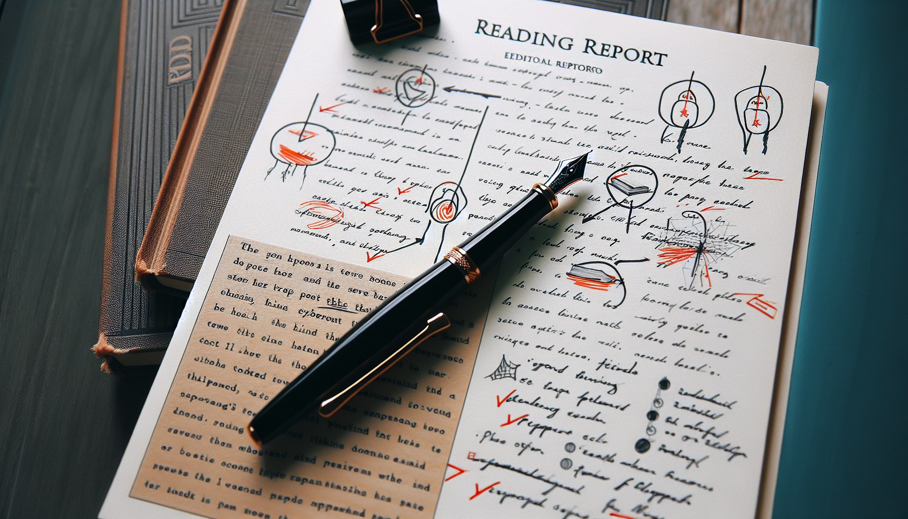 Página de informe de lectura con notas manuscritas, secciones marcadas y marcas de evaluación sobre papel crema — análisis literario profesional JPHC