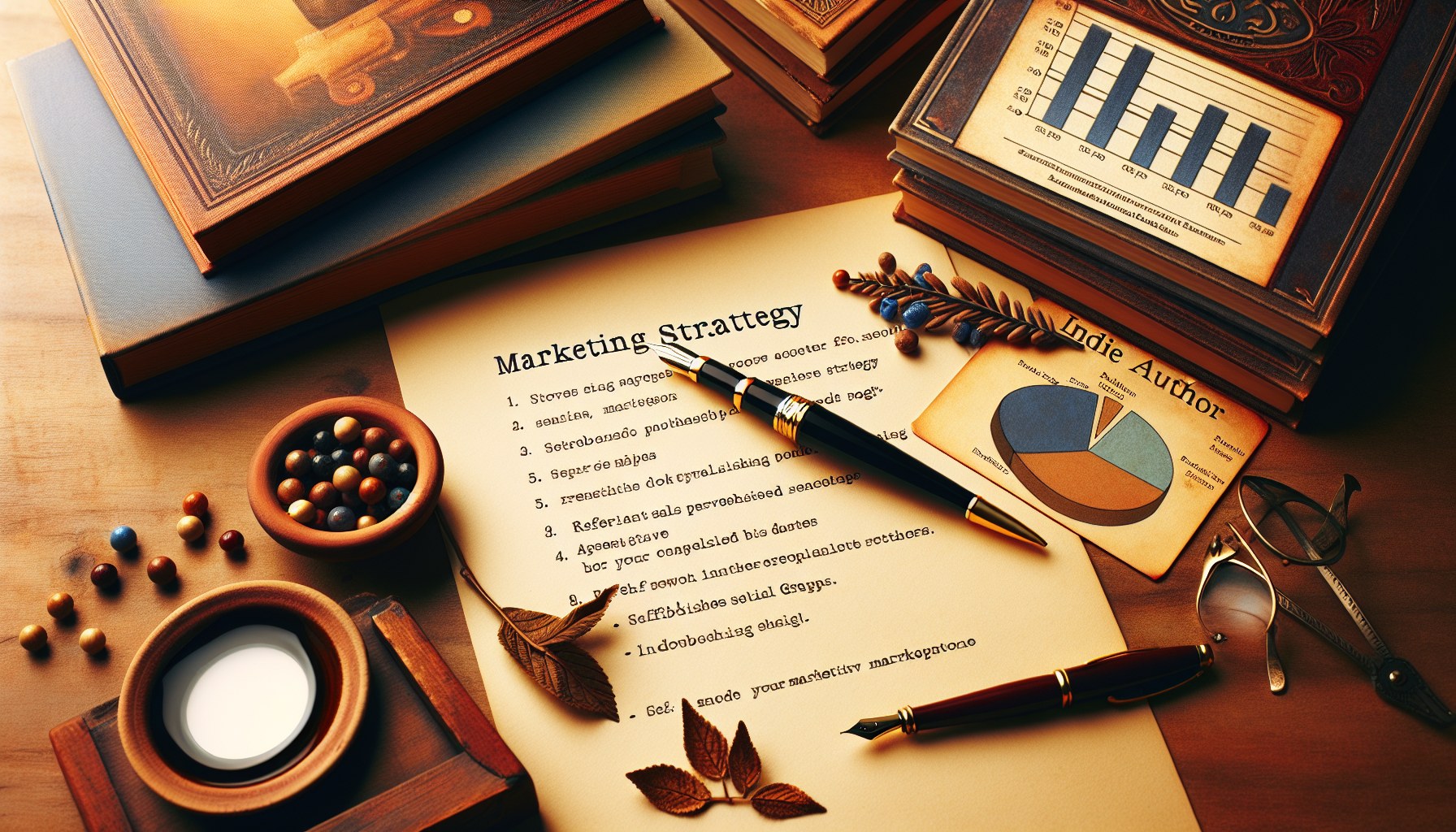 Notas de estrategia de marketing sobre papel crema con gráficos de ventas y portadas visibles, pluma estilográfica — plan de marketing para autores JPHC