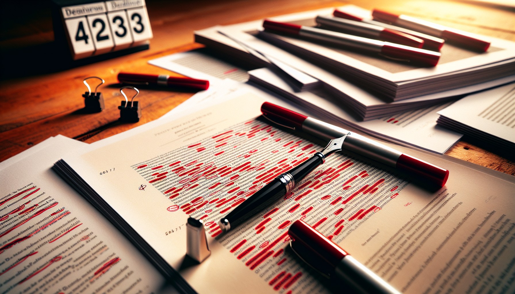 Pruebas de imprenta sobre escritorio con anotaciones de tinta roja en márgenes y pluma a punto de marcar — corrección final antes de tirada definitiva