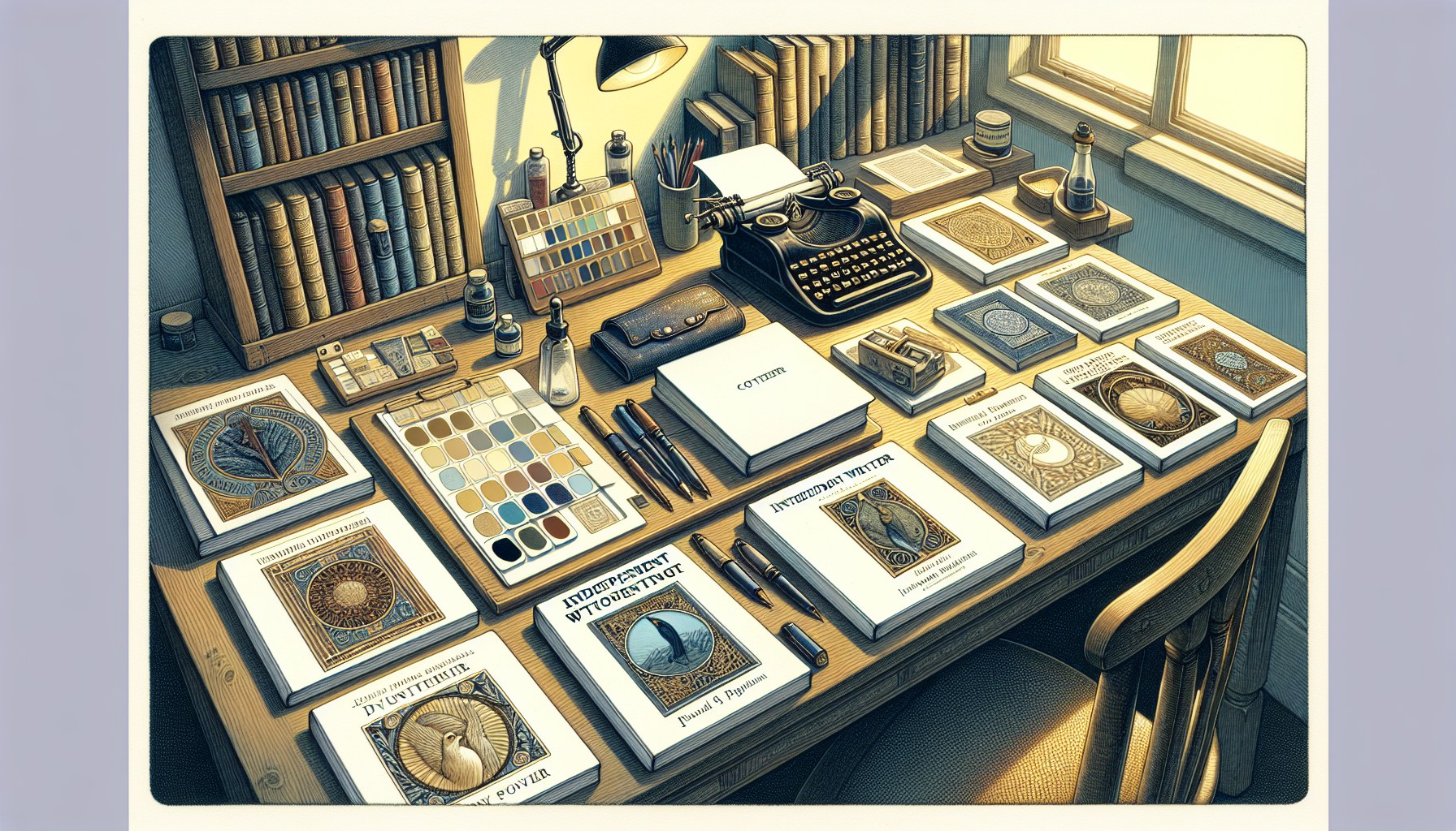 Escritorio de autor independiente con varias pruebas de portada de libro, paleta de colores y pluma estilográfica — proceso de diseño de portada autoeditados