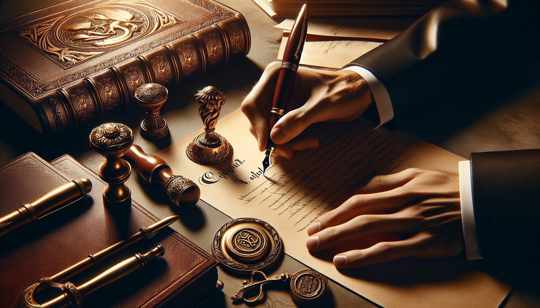 Manos firmando con pluma estilográfica un documento de registro de propiedad intelectual junto a sellos antiguos y libro encuadernado — formalización de la autoría