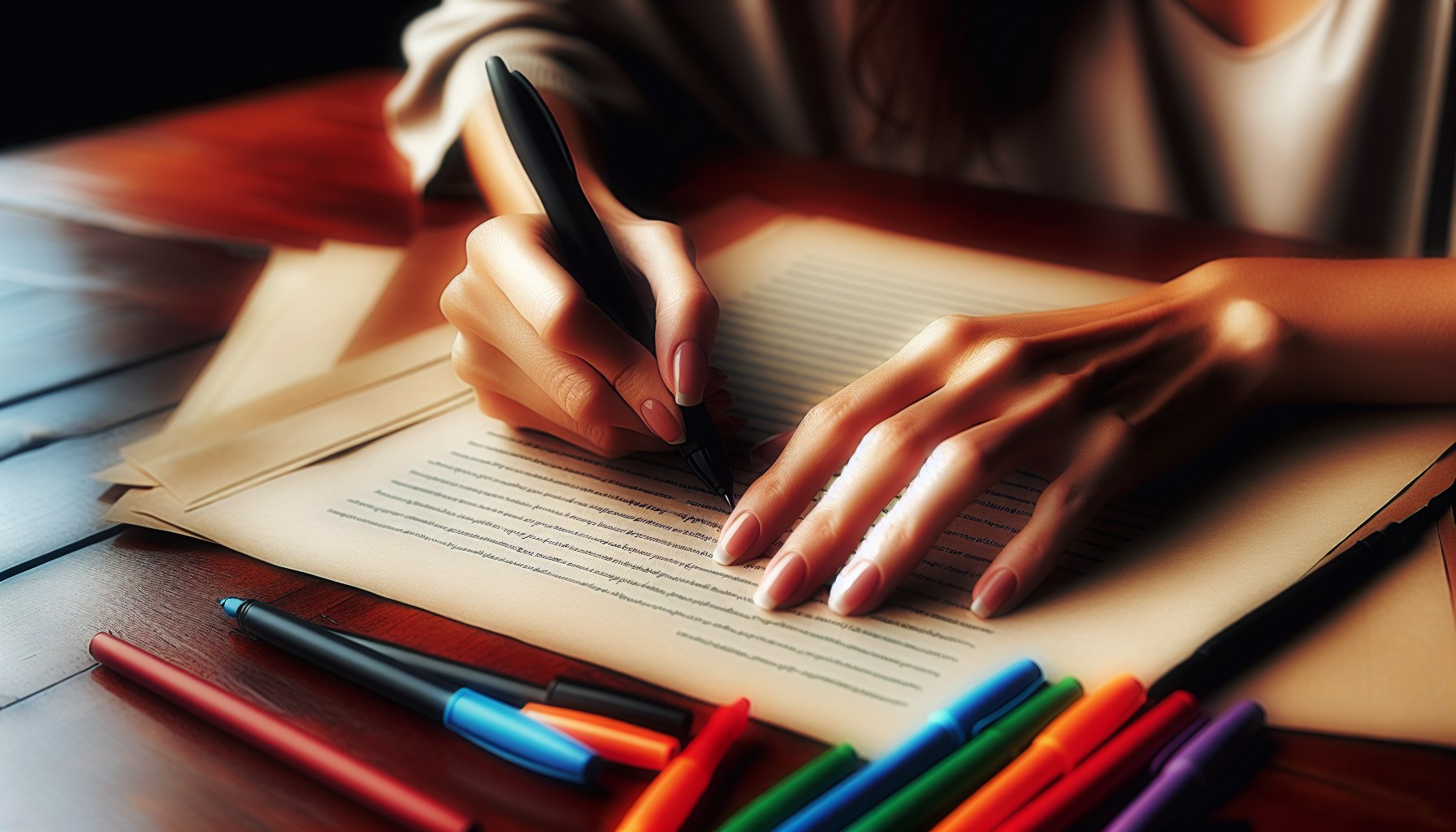 Manos de editor aplicando notas de técnicas estilísticas con varios bolígrafos de colores en margen del manuscrito — técnicas profesionales de corrección JPHC