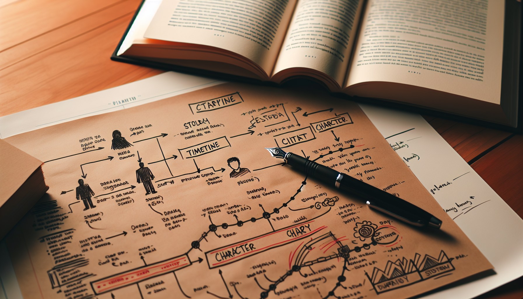 Diagrama de timeline y ficha de personajes dibujado a mano junto a páginas de novela abierta — control de coherencia narrativa JPHC