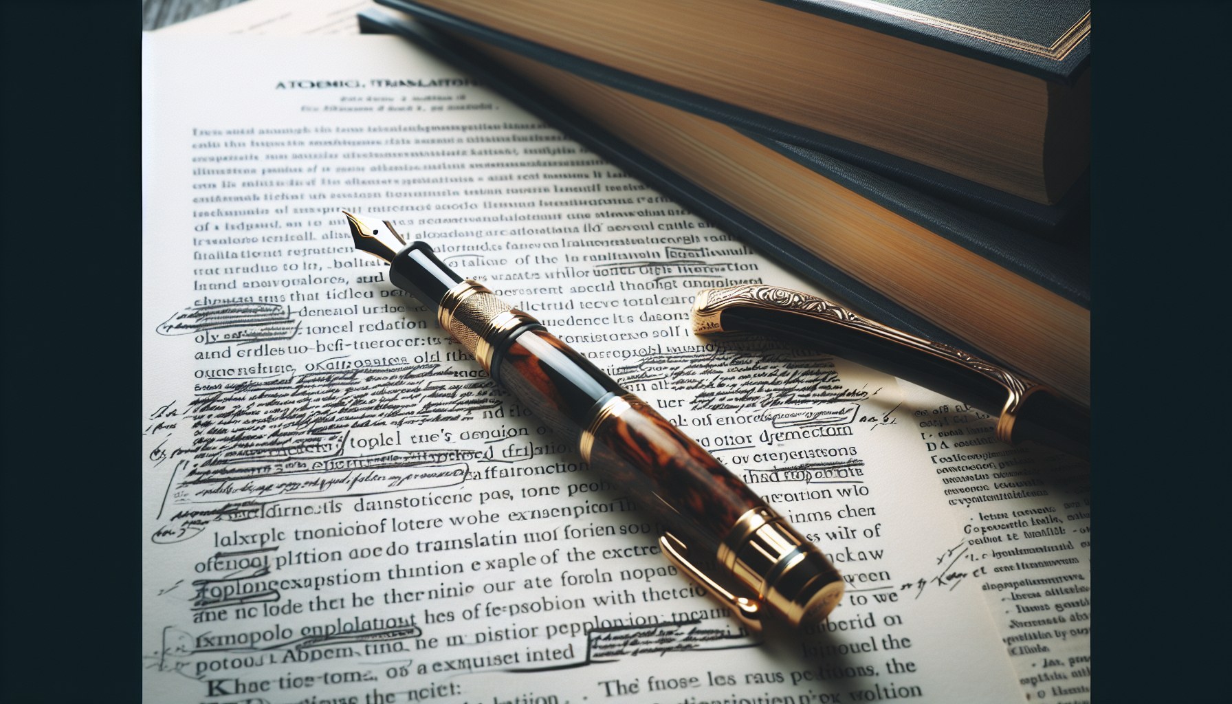 Páginas de artículo académico con notas de traducción en márgenes y pluma sobre escritorio — traducción especializada de papers científicos JPHC
