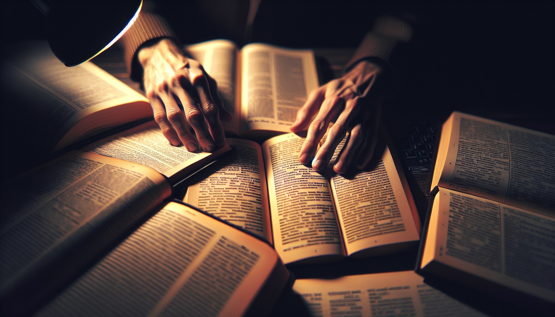 Manos de traductor trabajando entre dos libros en idiomas diferentes, atmósfera intelectual cálida — proceso de traducción literaria JPHC