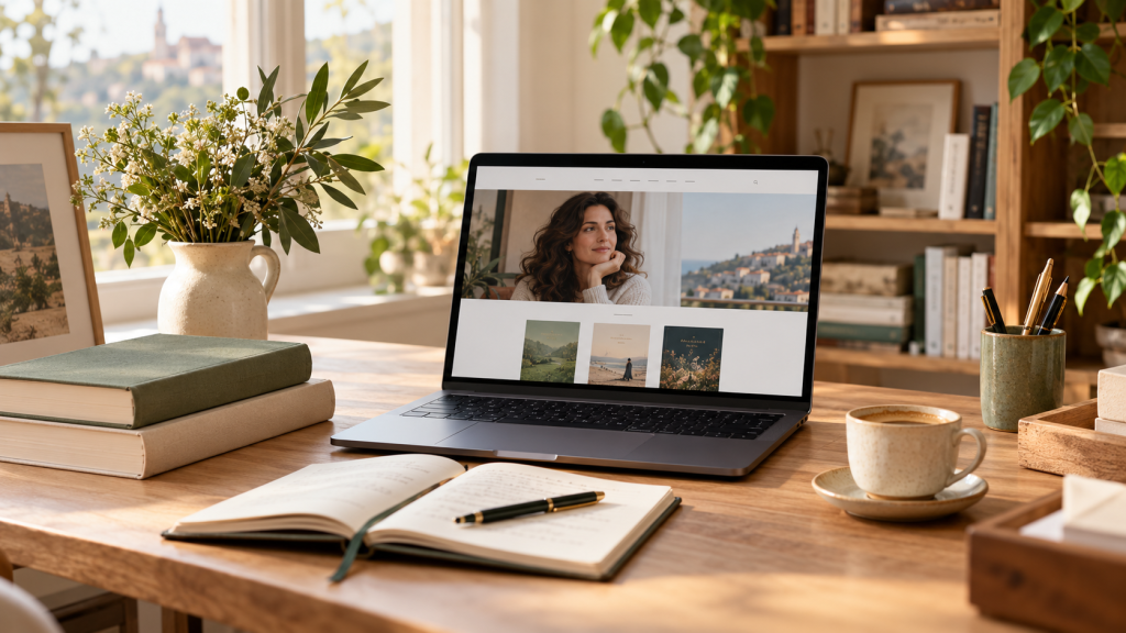 Portátil mostrando una página web de autor junto a libros y un cuaderno