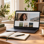 Portátil mostrando una página web de autor junto a libros y un cuaderno