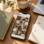 Móvil con publicaciones sobre libros junto a un libro y un calendario de contenidos